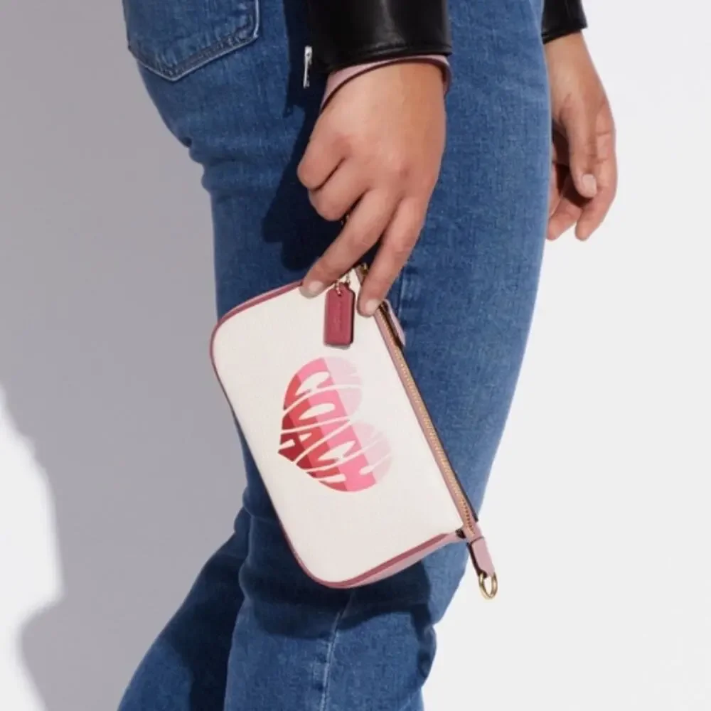 Coach White/Pink Heart Logo Wristlet